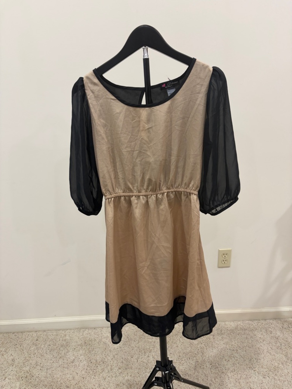 Delirious Beige Dress with Black Sheer Sleeves